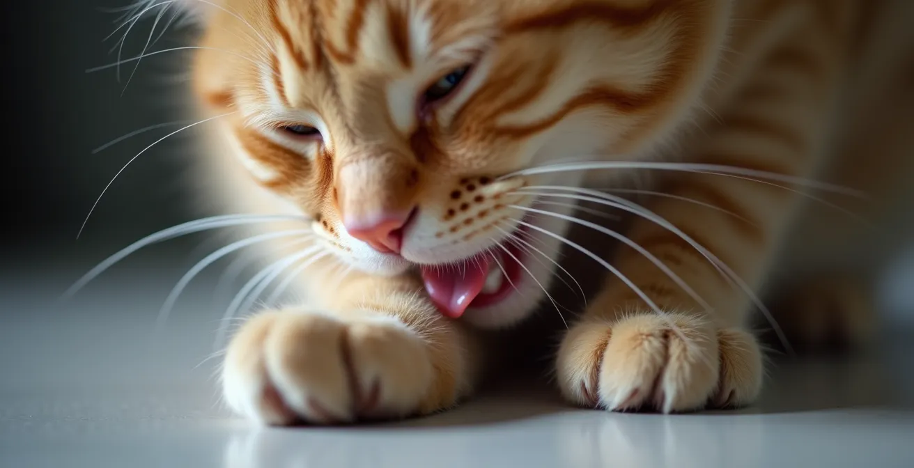 Eine Katze, die durch übermäßiges Putzen subtile Stresssignale zeigt, was ein wichtiges Beobachtungsmerkmal ist.