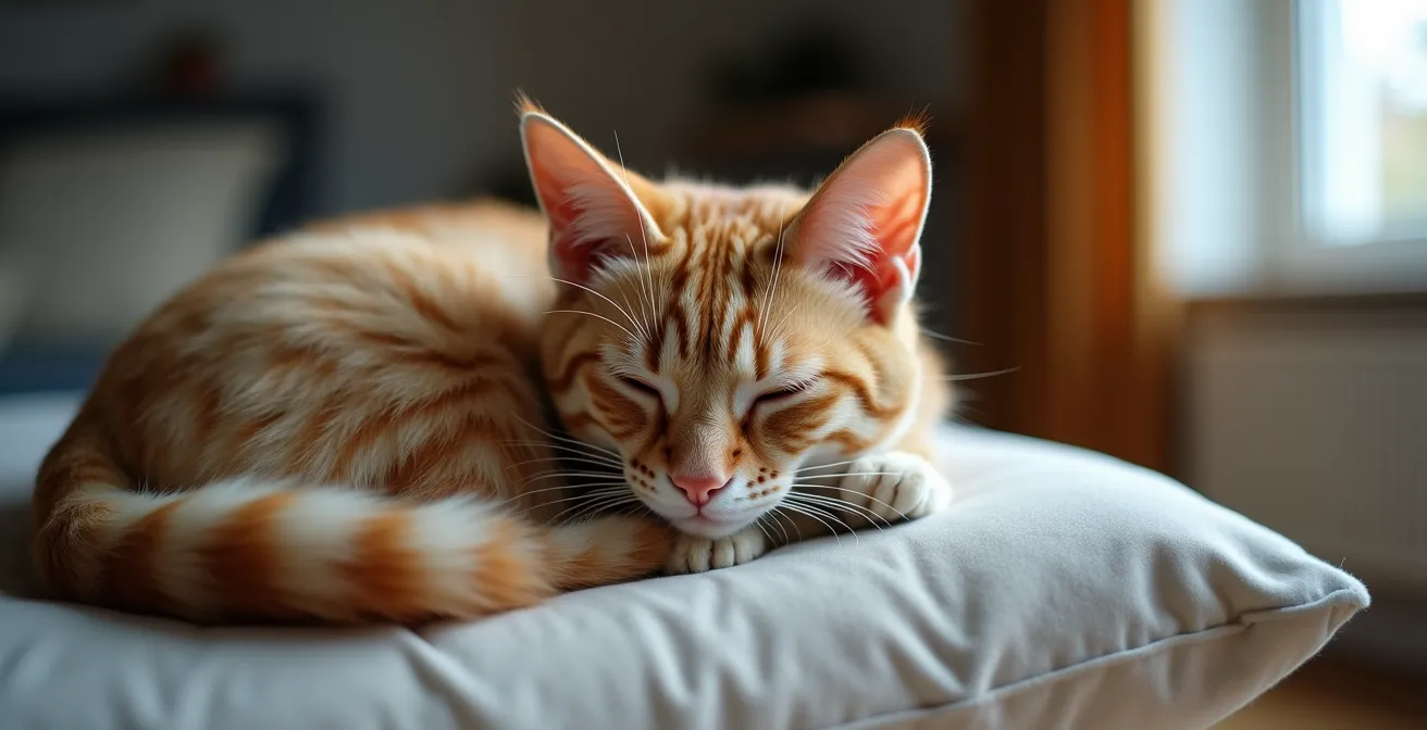 Gestresste Katze in zusammengerollter Schutzhaltung in einem deutschen Wohnzimmer.