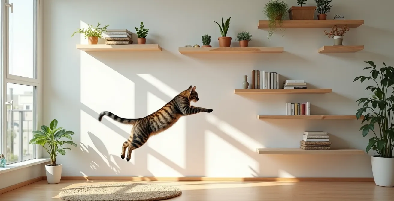 Selbstgebaute Kletterwand aus IKEA-Regalen mit einer eleganten Katze, die darauf balanciert.