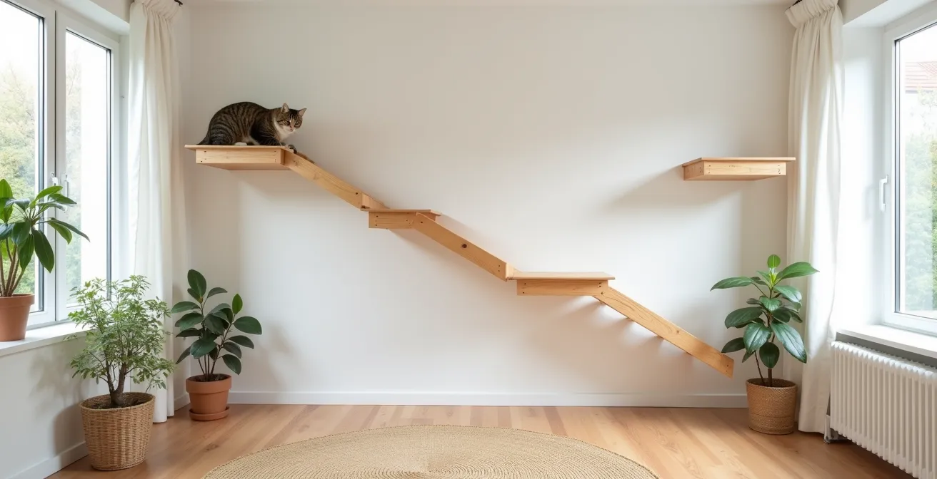 Moderne Wohnzimmerecke mit mehrstöckiger Katzen-Kletterlandschaft aus naturbelassenem Holz entlang der Wand