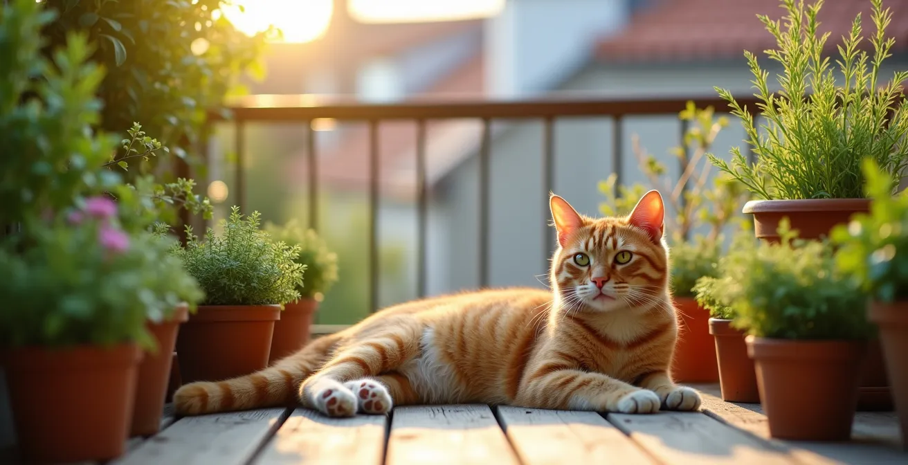 Ein gemütlicher, mit Netz gesicherter Balkon, auf dem eine Katze zufrieden zwischen Töpfen mit ungiftigen Pflanzen wie Katzengras und Lavendel liegt.