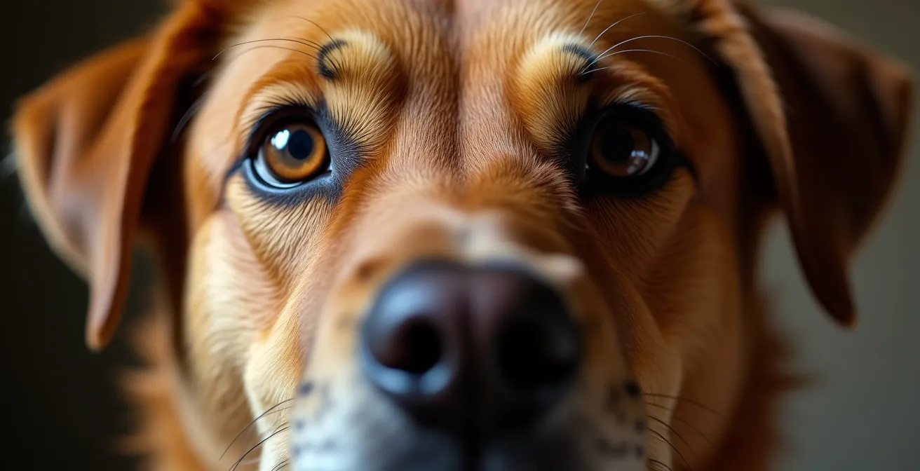 Detailaufnahme von Hundegesicht zeigt subtile Warnsignale der Körpersprache