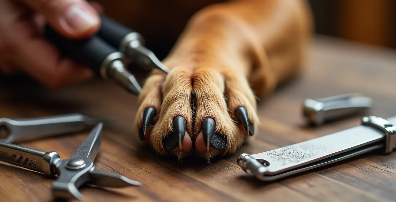 Detailaufnahme verschiedener Krallenpflegewerkzeuge mit Hundepfote