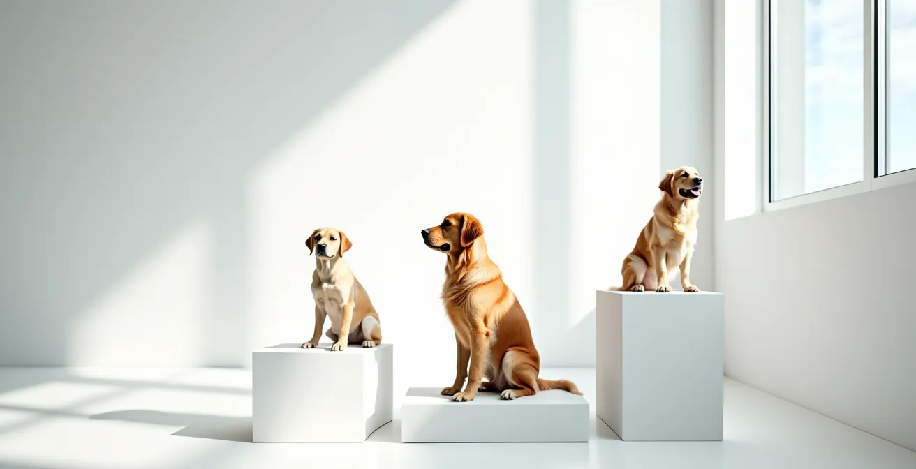 Drei Hunde in verschiedenen Lebensphasen – Welpe, erwachsen und Senior – symbolisieren die sich wandelnden Ernährungsbedürfnisse.