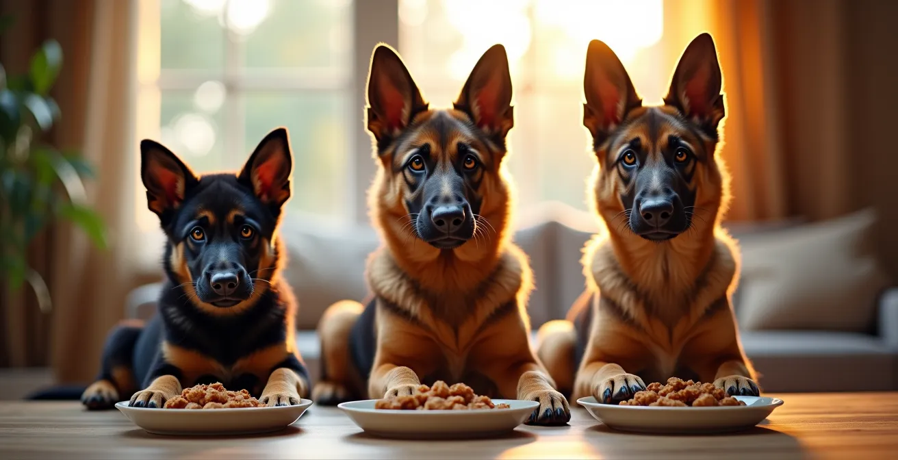 Drei Hunde verschiedenen Alters mit angepassten Futterportionen