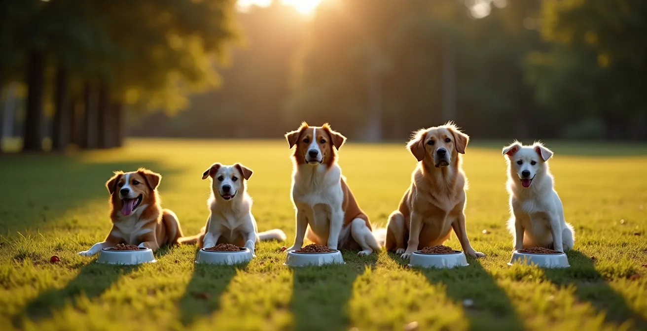 Ein Hund in verschiedenen Lebensphasen – als Welpe, erwachsener Hund und Senior – in einer Parklandschaft, mit jeweils angepasstem Futternapf.