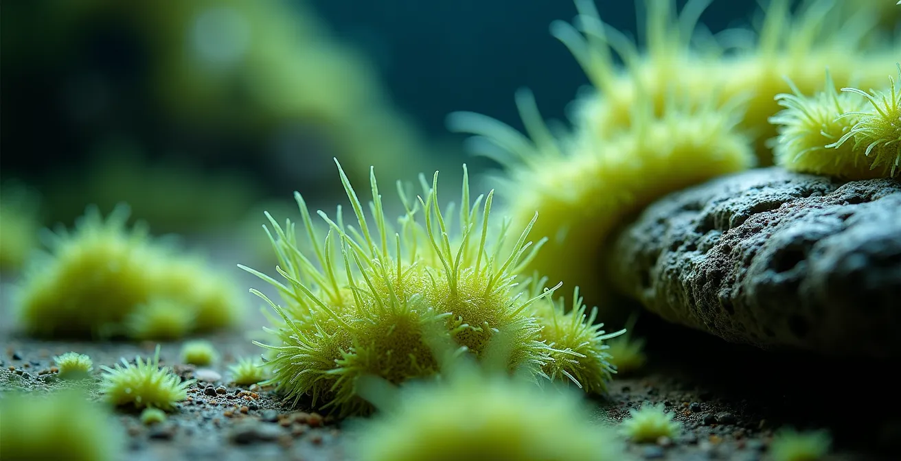 Detailaufnahme verschiedener Algenarten auf einem Stein im Aquarium, die als Indikatoren für die Wasserqualität dienen.