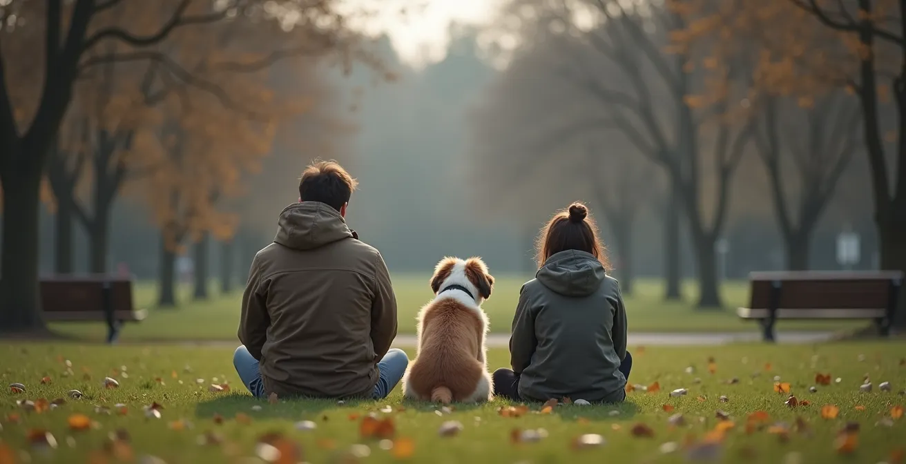 Weitwinkelaufnahme von Mensch und Hund in entspannter Parkumgebung