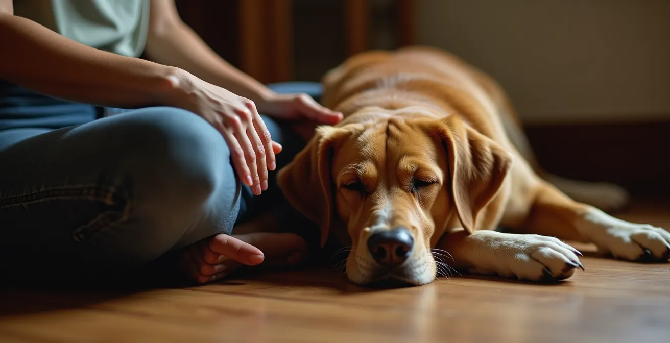 Mensch und Hund in synchroner Entspannungsübung mit gemeinsamer Atemtechnik