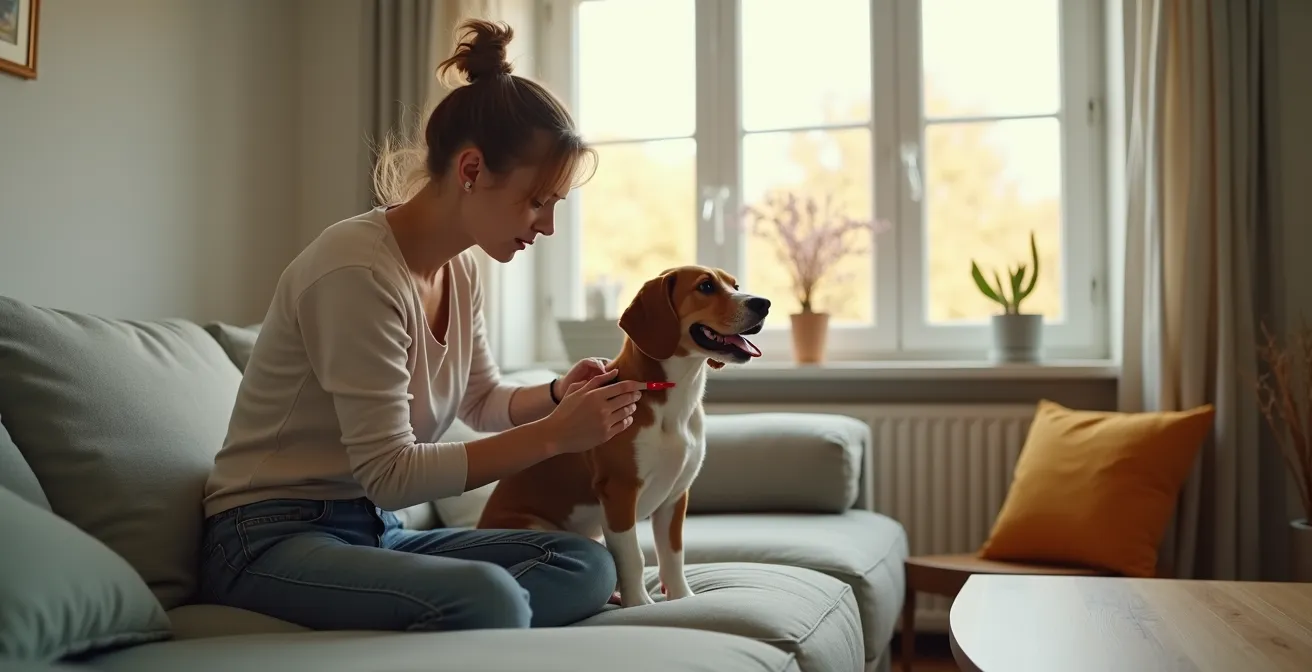 Eine Frau zeigt ihrem Hund Zuneigung, indem sie ihn liebevoll auf dem Sofa bürstet, statt ihm ein Leckerli zu geben.