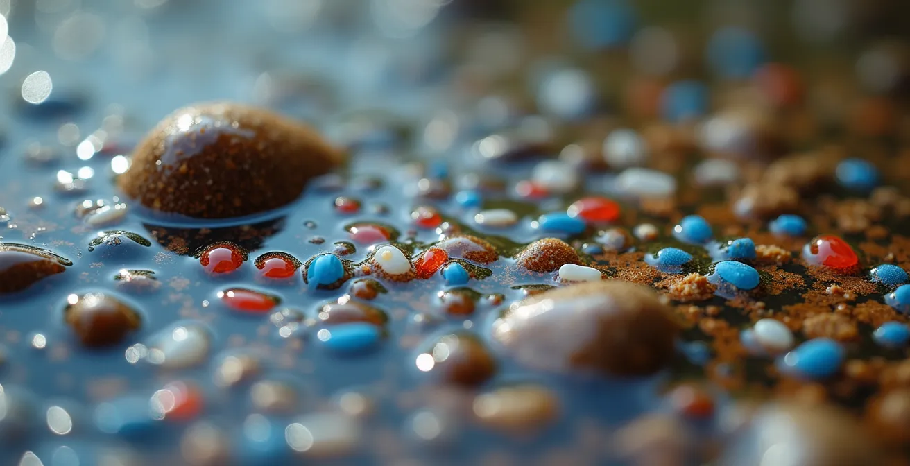 Mikroskopaufnahme von Mikroplastikpartikeln im Flusswasser