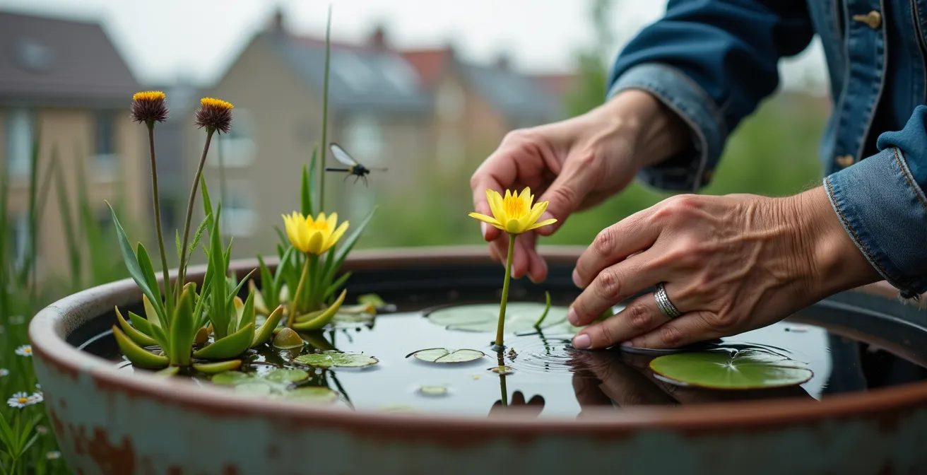 Kleiner Teich im Kübel auf einem deutschen Stadtbalkon mit heimischen Wasserpflanzen