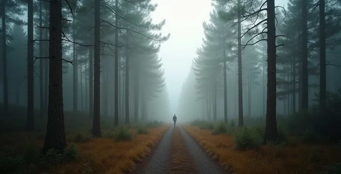Weitwinkelaufnahme eines nebligen Waldweges in Deutschland mit einem einsamen Wanderer, der die Verbindung von Minimalismus und Naturerlebnis symbolisiert.