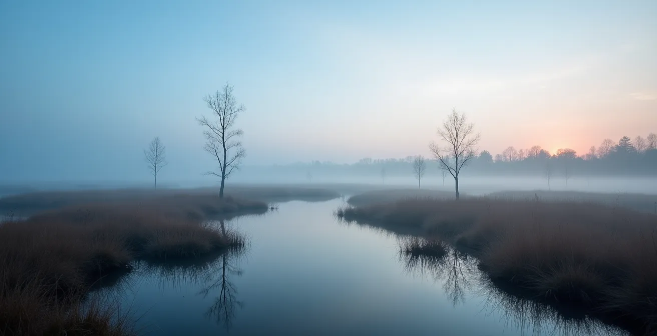 Weitwinkelaufnahme eines norddeutschen Hochmoores im Morgennebel, zeigt die einzigartige Landschaft dieses bedrohten Lebensraums