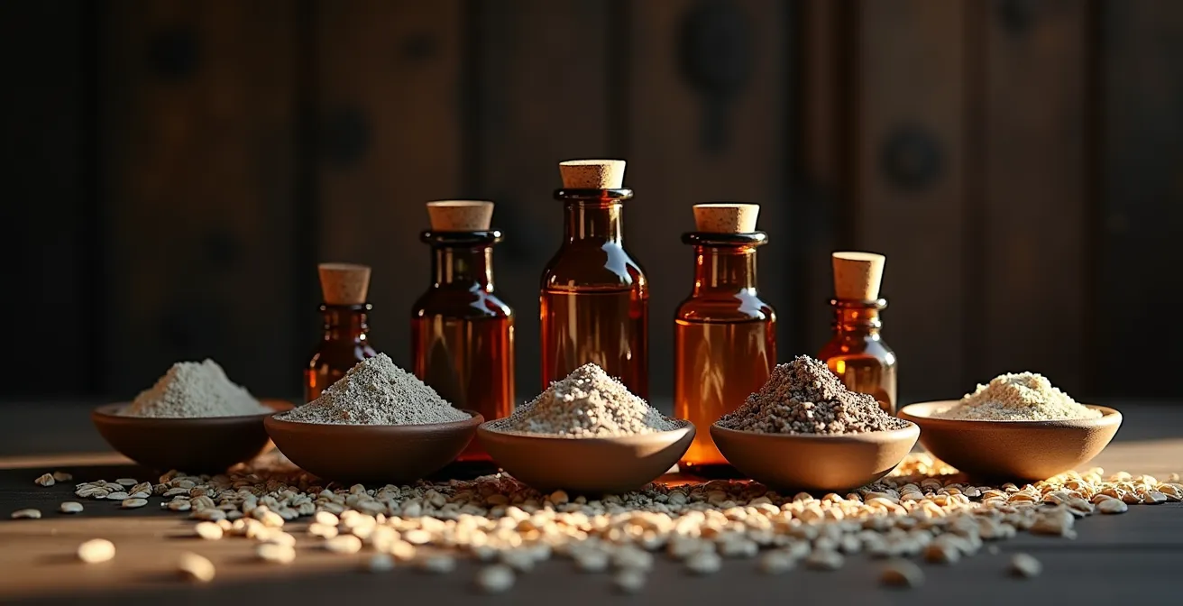 Verschiedene natürliche Shampooflaschen und Heilerde für unterschiedliche Felltypen arrangiert