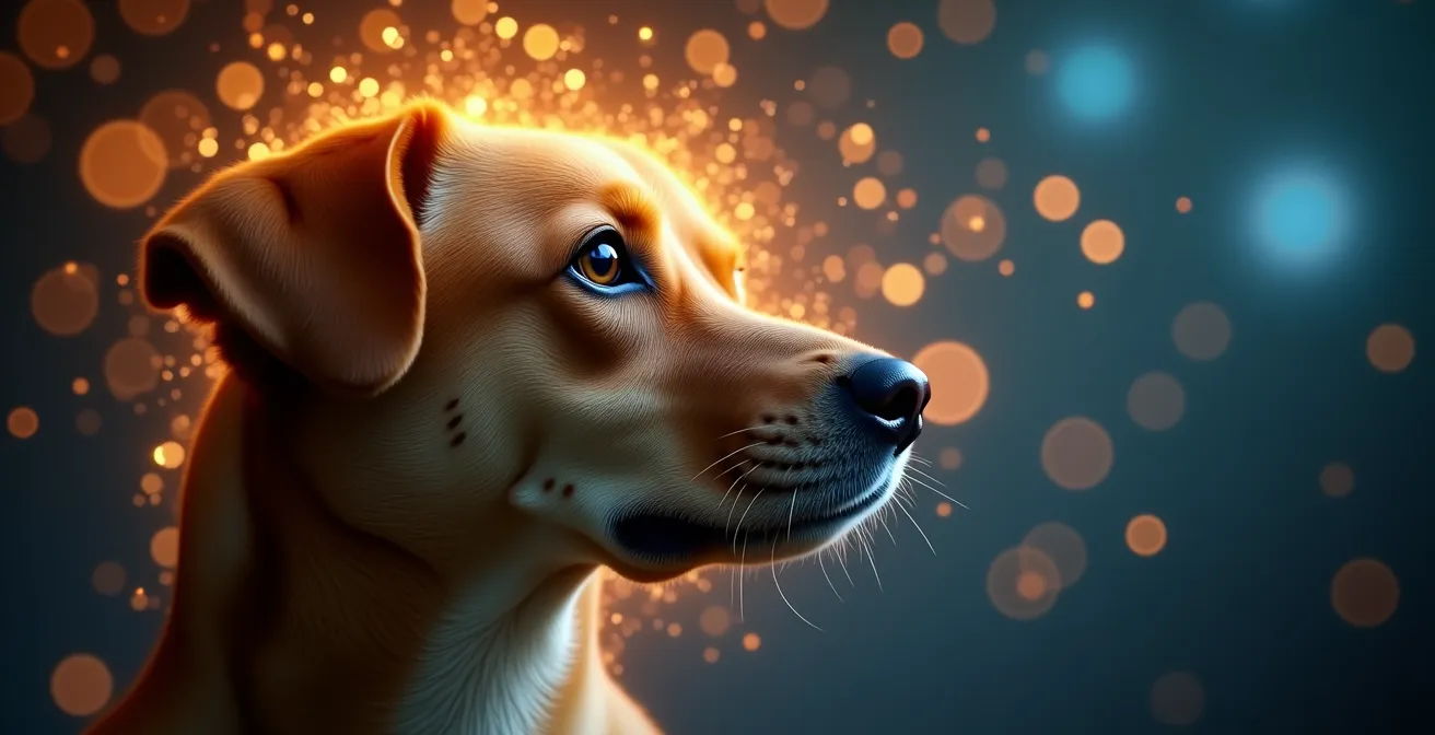 Visualisierung der neurobiologischen Prozesse bei positiver Verstärkung beim Hund, dargestellt durch warmes Licht im Kopfbereich.
