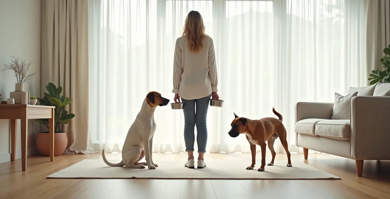 Hundehalter verteilt fair Ressourcen zwischen zwei Hunden