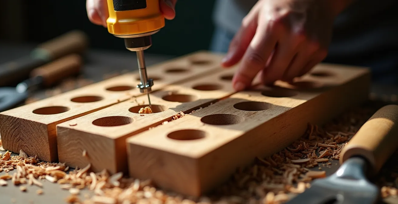 Nahaufnahme von präzise gebohrten Löchern in einem Hartholzblock, die als Niströhren für Wildbienen dienen.