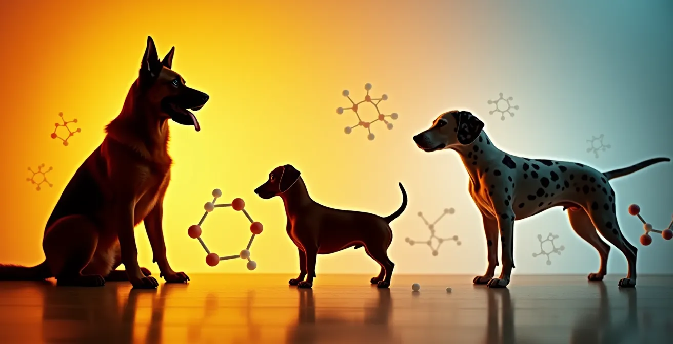 Verschiedene Hunderassen mit symbolischer Darstellung ihrer unterschiedlichen Ernährungsbedürfnisse