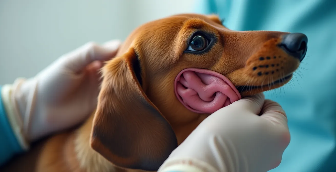 Professionelle Ohruntersuchung bei einem Dackel mit Fokus auf Schlappohren-Pflege