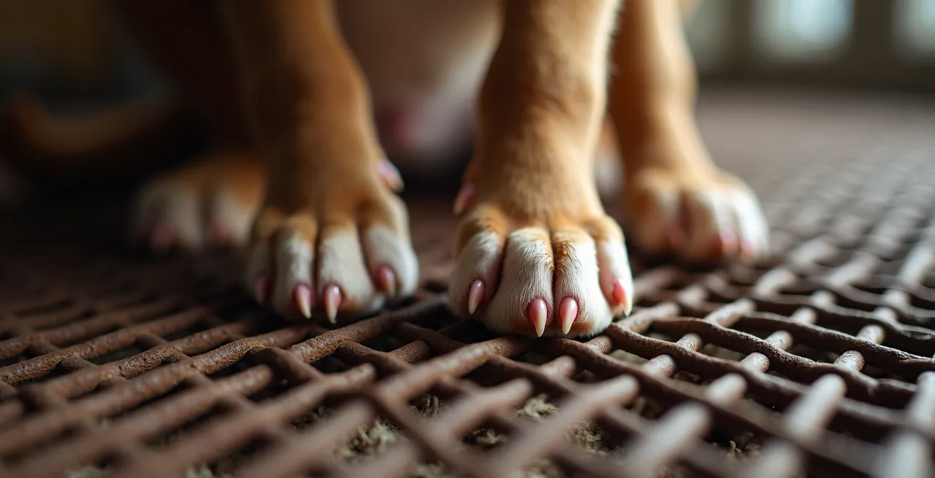 Nahaufnahme von Welpenpfoten auf schmutzigem Gitterboden in einem dunklen Verschlag