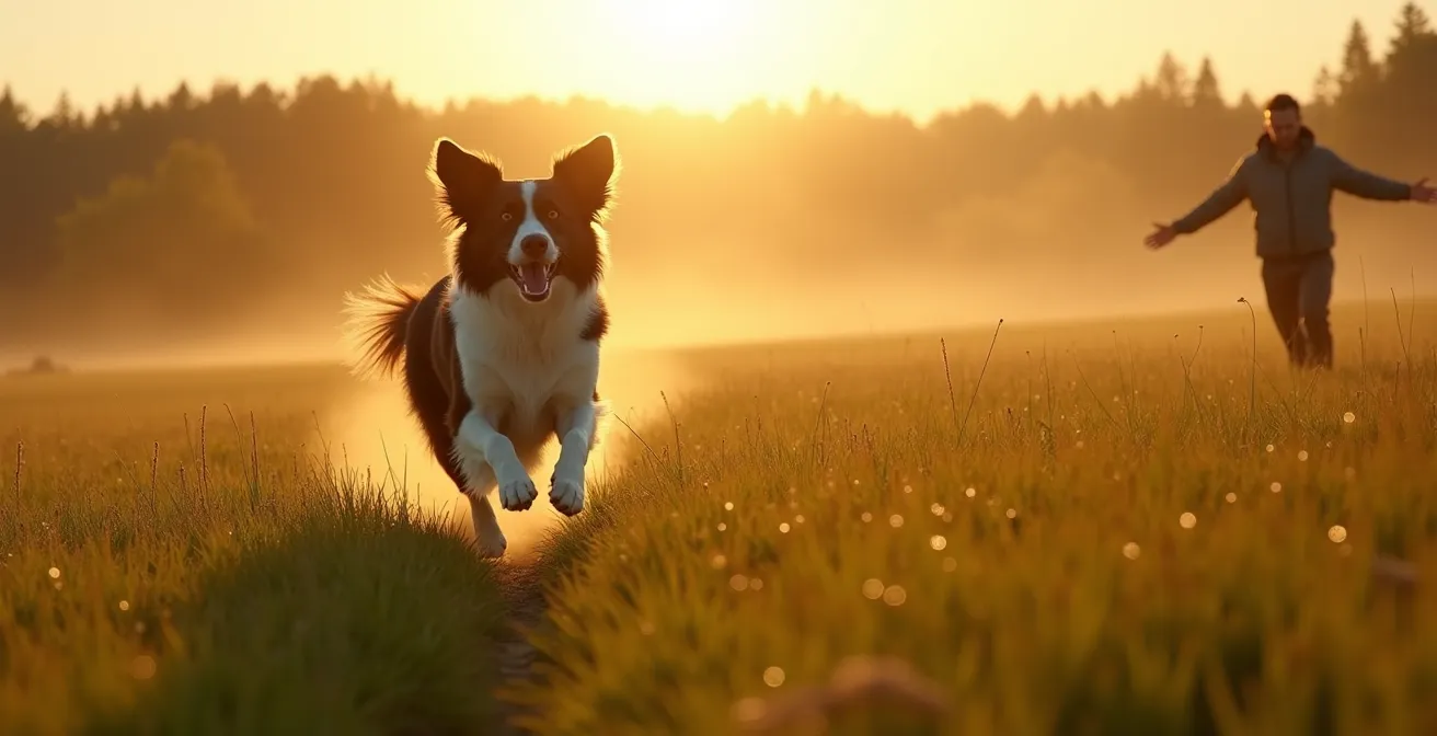 Hund läuft freudig zu seinem Besitzer zurück in deutscher Parklandschaft