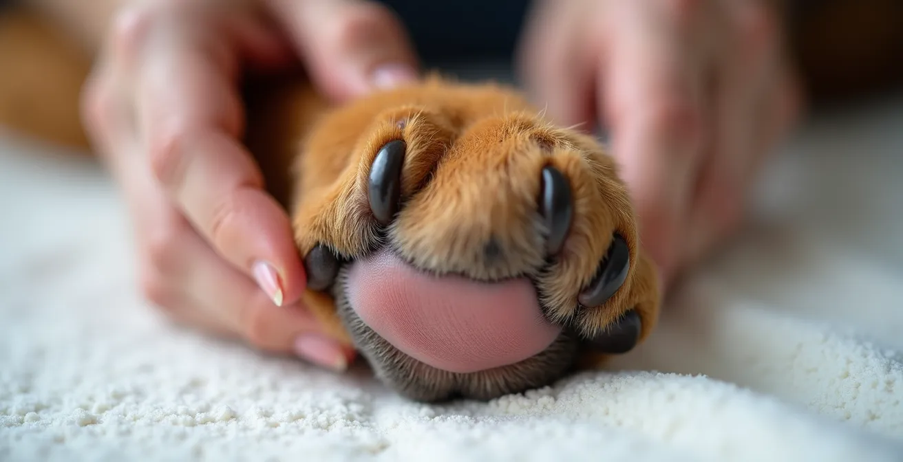 Detailaufnahme einer Hundepfote während der Pflege