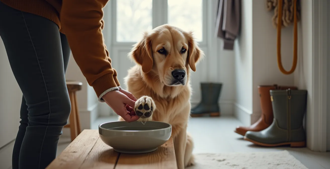 Pfotenpflege-Ritual nach Winterspaziergang mit Fokus auf Streusalz-Entfernung