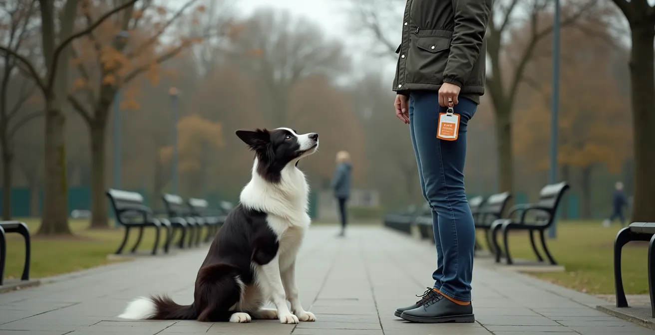 Ein Hund und sein Mensch trainieren in einem deutschen Park mit positivem Blickkontakt, ein Beispiel für gewaltfreie Methoden.