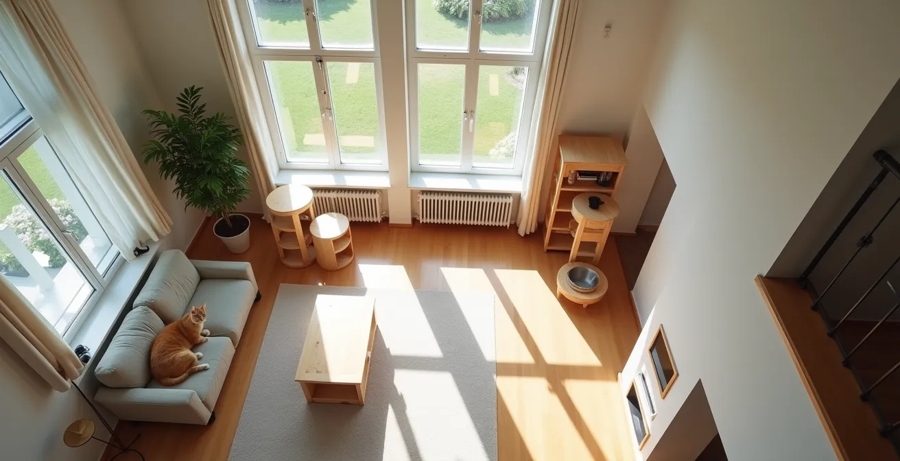 Vogelperspektive einer deutschen Wohnung mit strategischer Ressourcenverteilung für Katzen