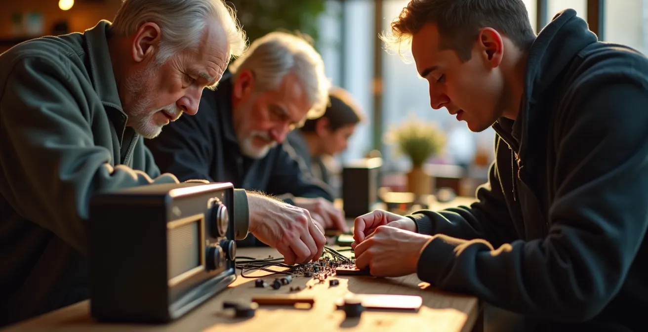 Menschen reparieren gemeinsam Elektrogeräte in einem deutschen Repair-Café