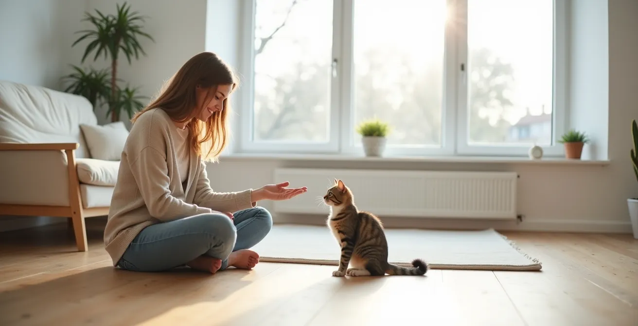 Ein Mensch zeigt respektvolle Körpersprache gegenüber seinem Haustier, indem er auf dem Boden sitzt und der Katze Raum gibt.