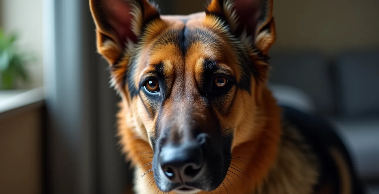 Detaillierte Nahaufnahme eines Hundegesichts mit angespannten Gesichtsmuskeln und zusammengekniffenen Augen, das Schmerz anzeigt