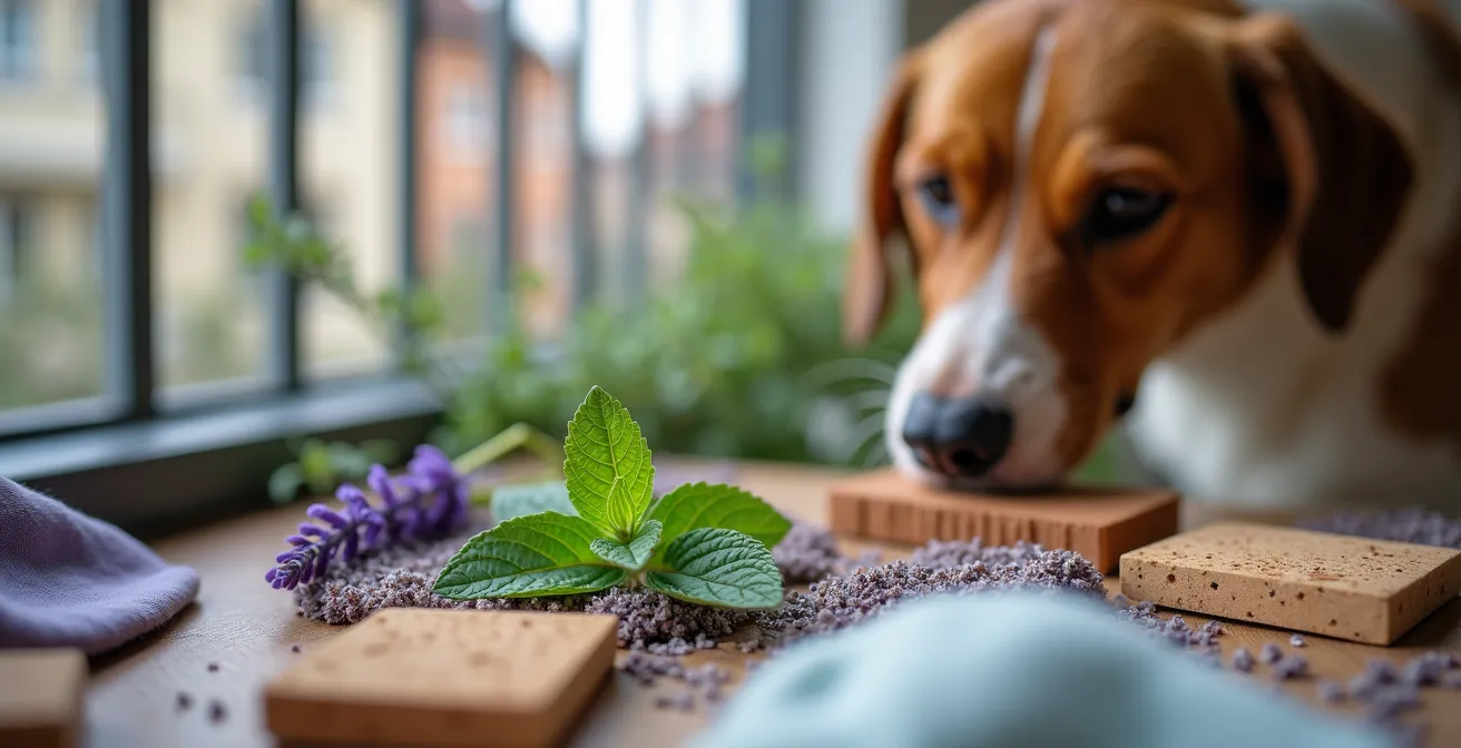 Ein liebevoll gestalteter Schnüffelgarten auf einem Balkon, der mit Kräutern und verschiedenen Texturen Sinnesanreize für ein mobilitätseingeschränktes Tier bietet.
