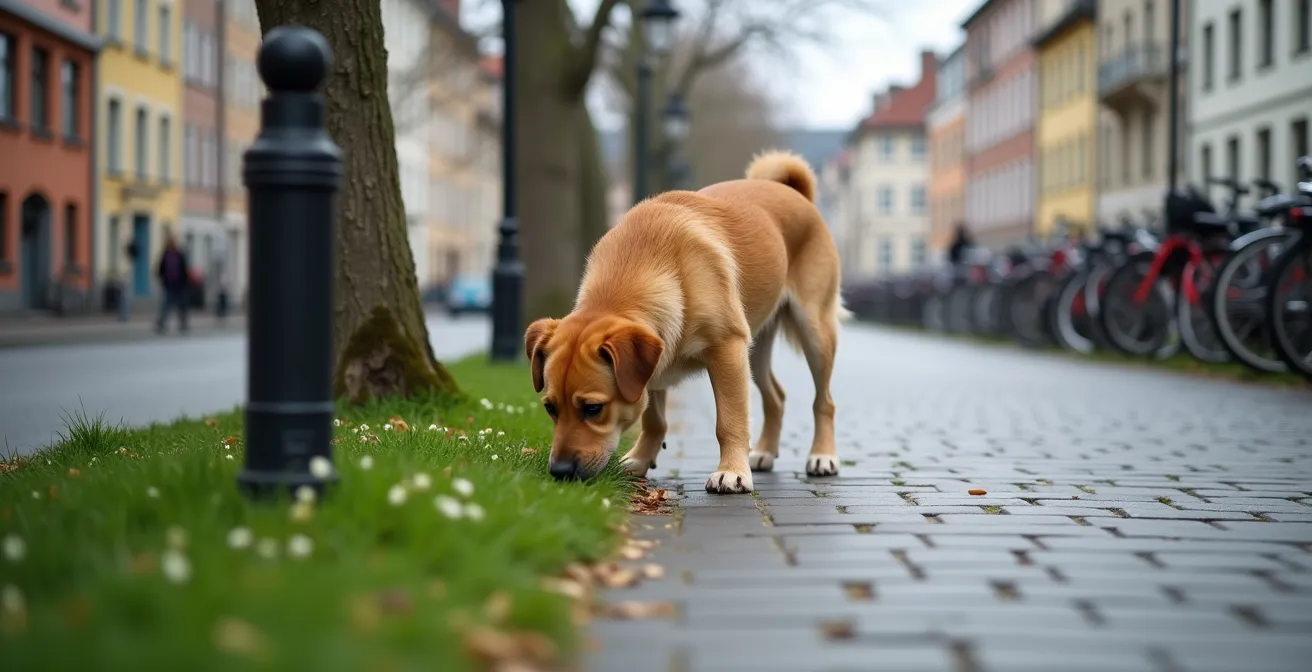 Hund beim intensiven Schnüffeln an Grasbüschel während eines Stadtspaziergangs in Deutschland