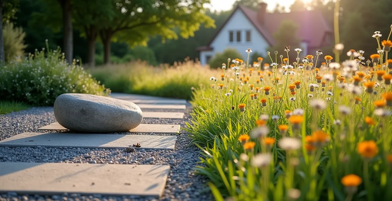 Geteiltes Bild zeigt links einen leblosen Schottergarten und rechts einen blühenden naturnahen Garten