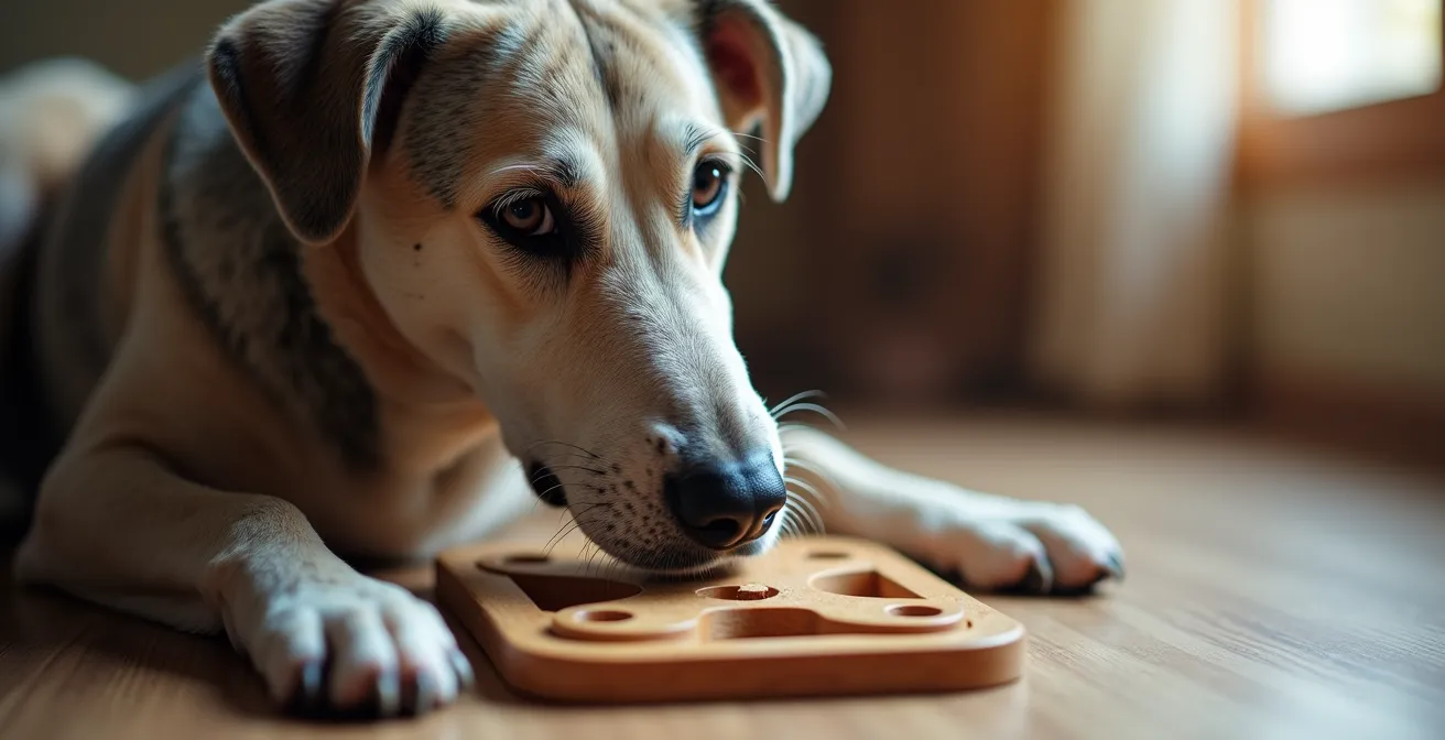 Älterer Hund beim konzentrierten Schnüffeln an einem Intelligenzspielzeug