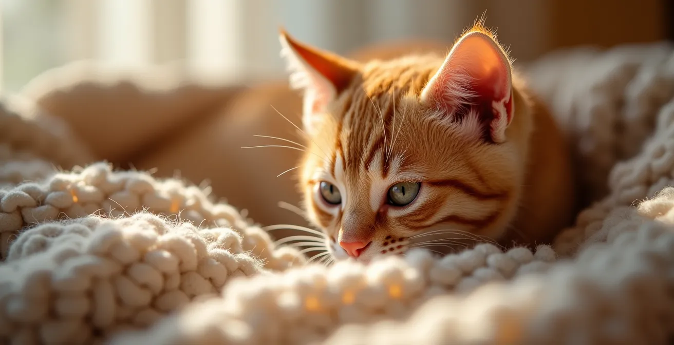 Gemütlicher Rückzugsort für eine Katze in einer deutschen Altbauwohnung mit gedämpftem Licht