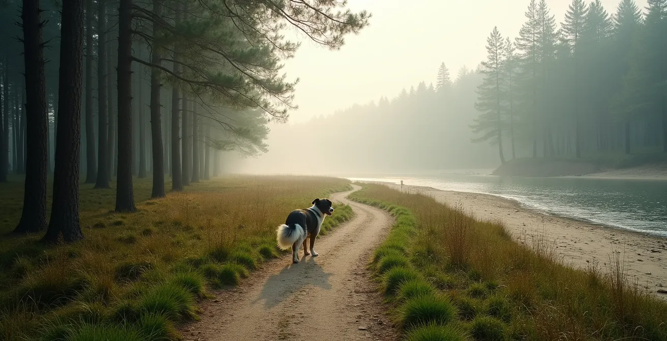 Hund erkundet verschiedene natürliche Untergründe beim Spaziergang
