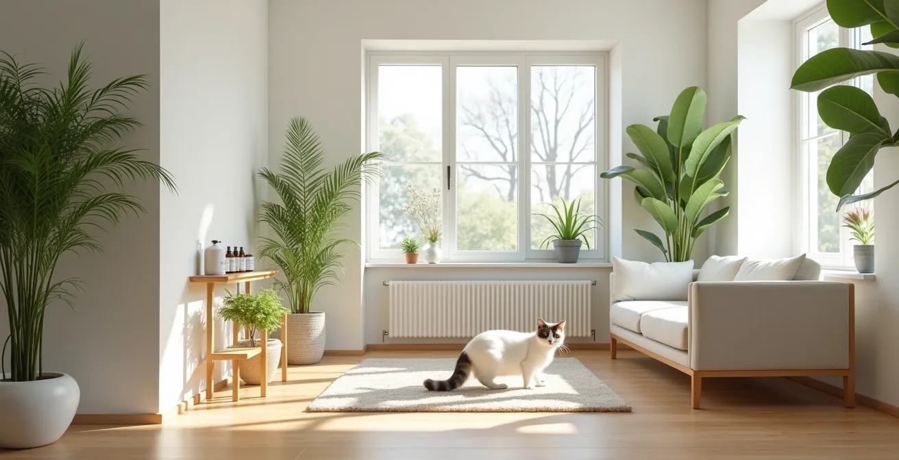 Helles, luftiges Wohnzimmer mit haustierfreundlichen Pflanzen und natürlichen Reinigungsmitteln