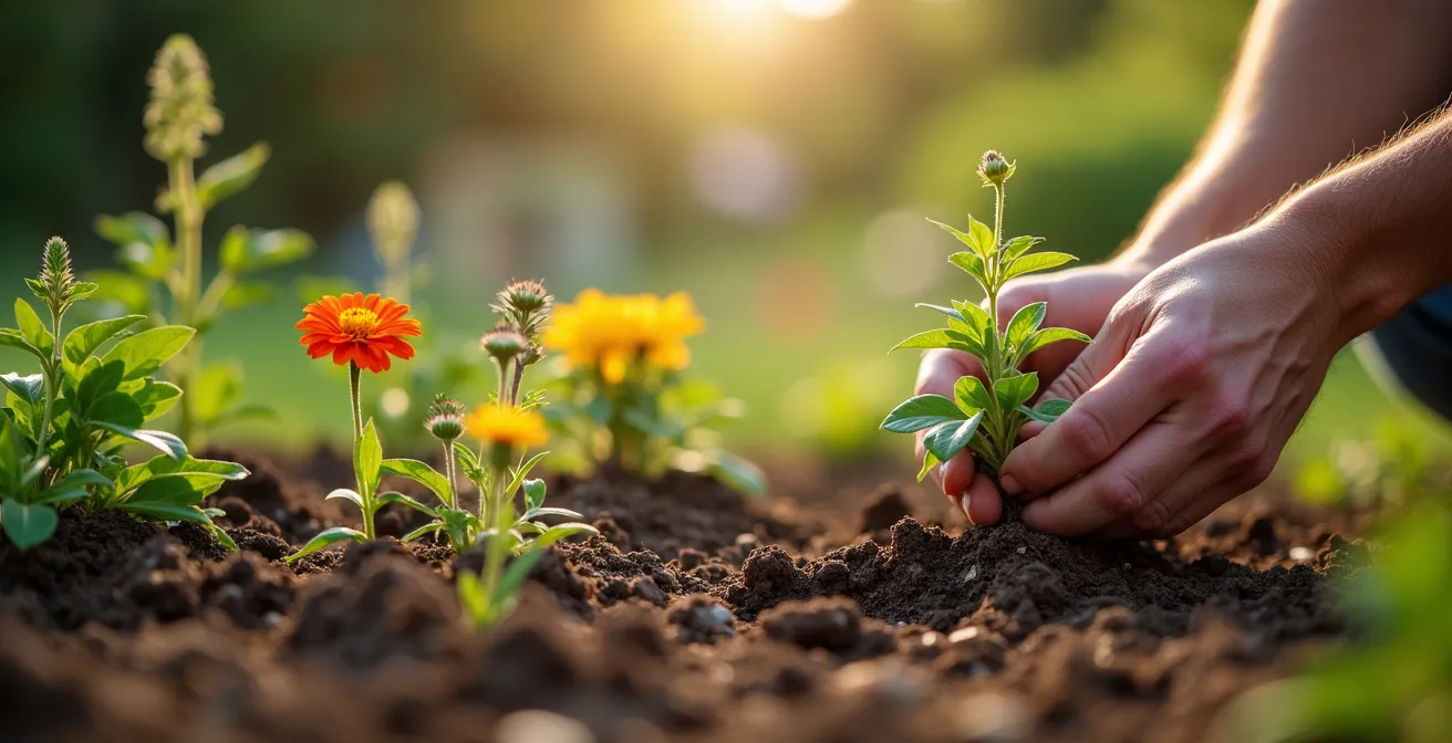 Naturnahes Beet im Sonnenlicht mit heimischen Wildblumen in verschiedenen Wachstumsstadien