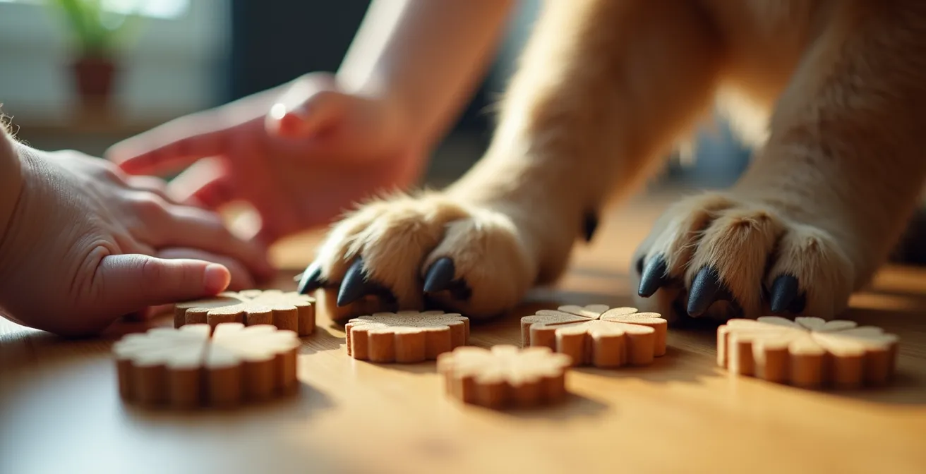 Nahaufnahme von Händen und Pfoten bei gemeinsamer Lernübung