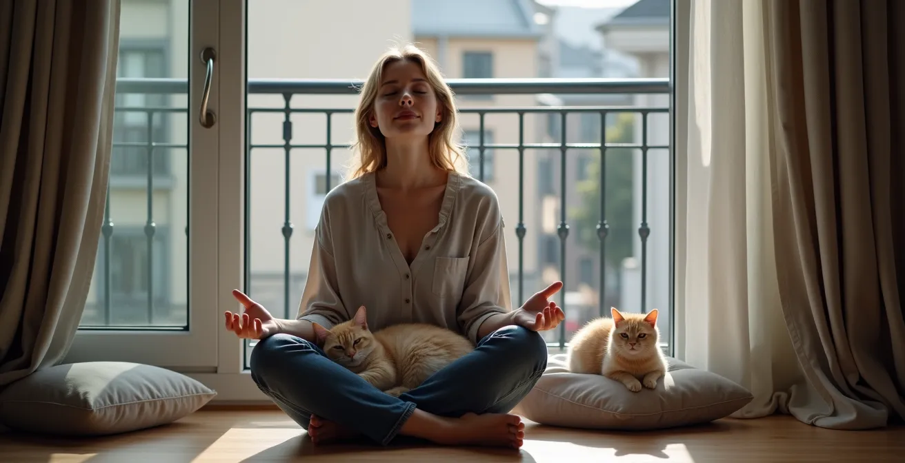 Mensch und Tier in stiller Meditation auf einem deutschen Stadtbalkon, beide blicken friedlich nach außen.