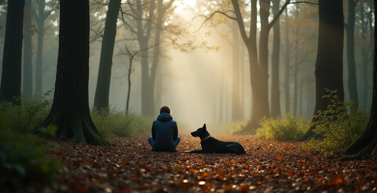 Weite Aufnahme von Mensch und Hund ruhend im deutschen Wald
