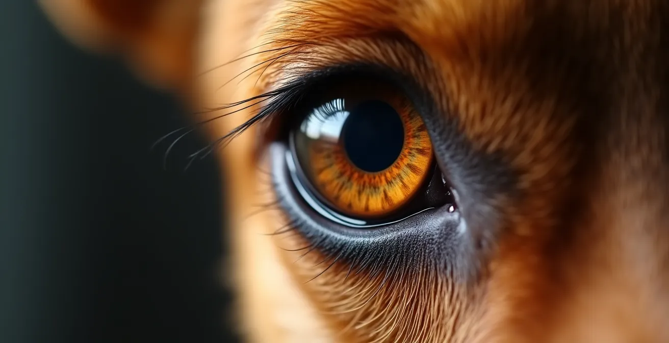 Makroaufnahme eines Hundeauges mit geweiteter Pupille als Stresssignal, das die Notwendigkeit zeigt, unter der Reizschwelle zu bleiben.