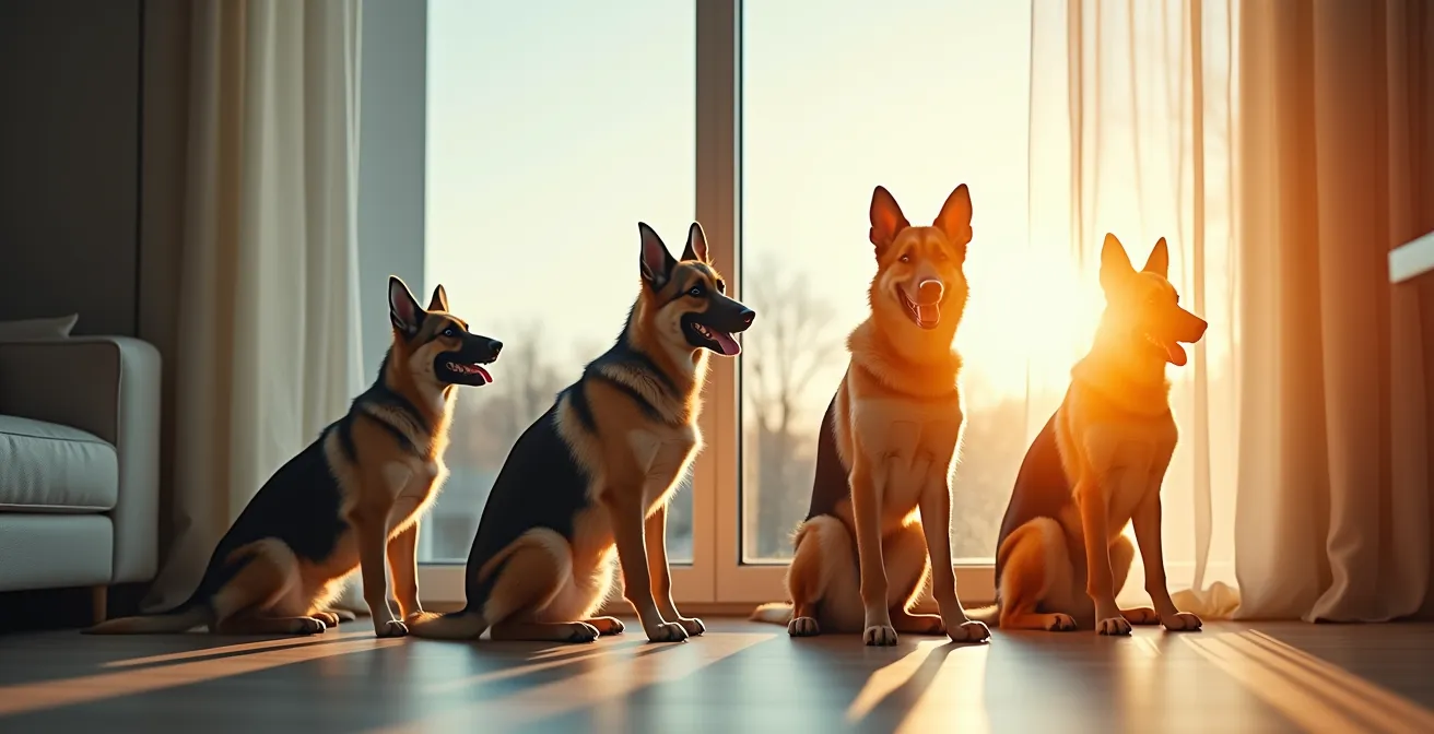 Visualisierung einer strukturierten Tagesroutine mit Hund durch verschiedene Tageszeiten, die Sicherheit symbolisiert