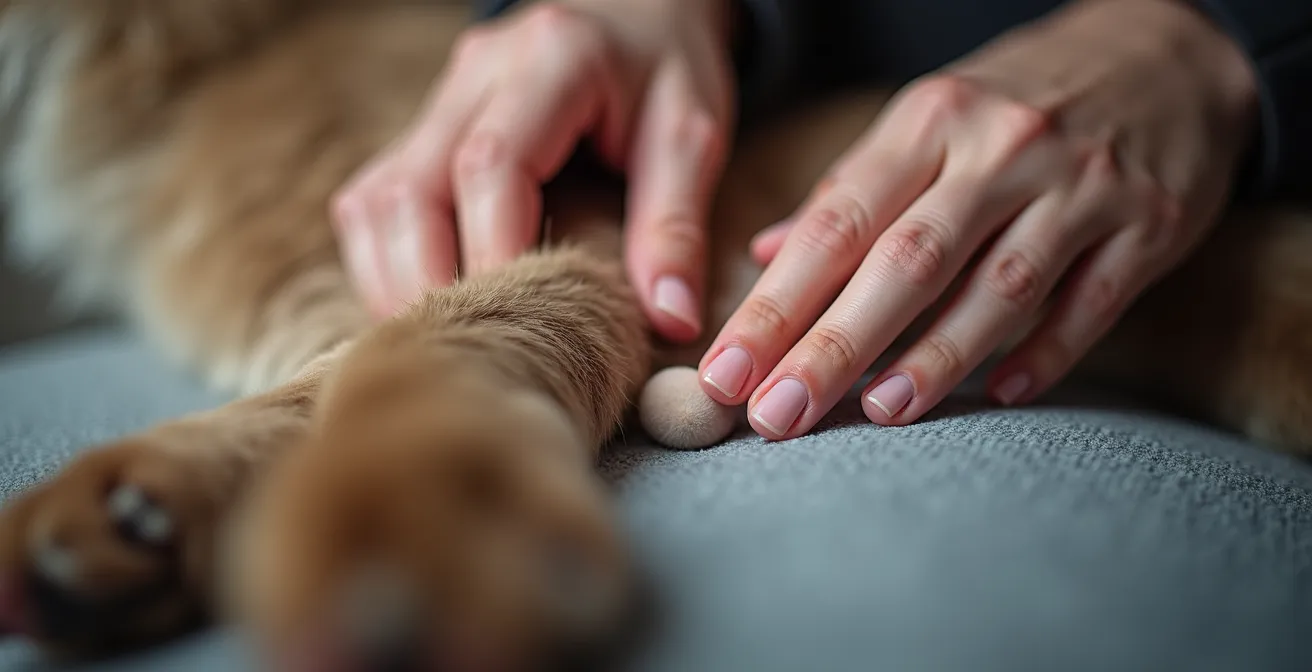 Nahaufnahme von Händen, die sanfte kreisende Bewegungen auf Tierfell ausführen