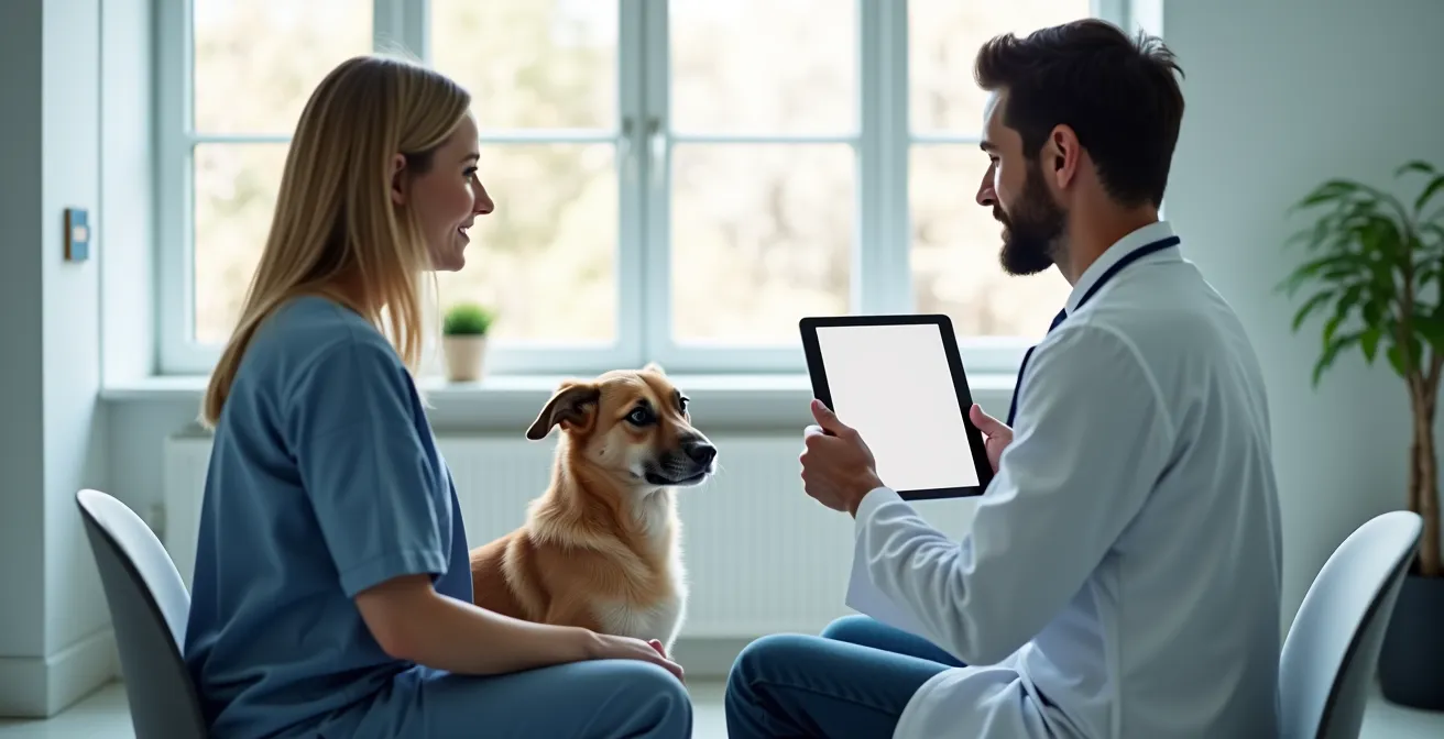 Tierärztin erklärt Hundebesitzerin Gesundheitsdaten auf einem Tablet