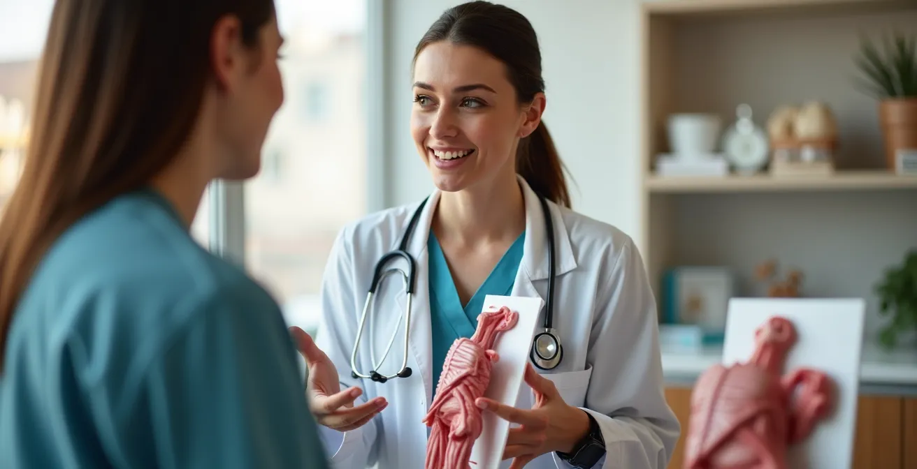 Tierärztin erklärt Modell der Fortpflanzungsorgane während eines Beratungsgesprächs