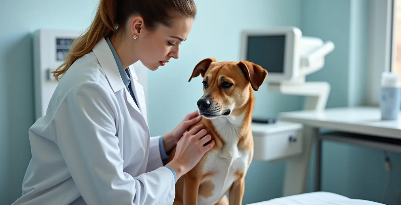 Eine einfühlsame Tierärztin beruhigt einen ängstlichen Hund während einer Untersuchung in einer modernen deutschen Tierklinik.